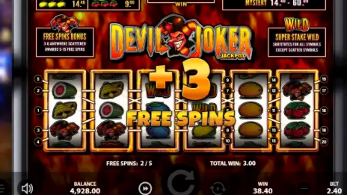 Interface do slot Devil Joker Jackpot com símbolos flamejantes e design retrô.