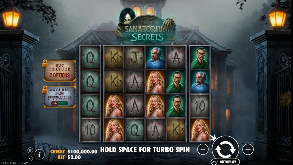 Interface do jogo de slot Sanatorium Secrets com temática de horror