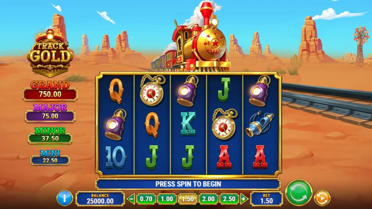 Interface do slot Track’n Gold com tema de trem no Velho Oeste